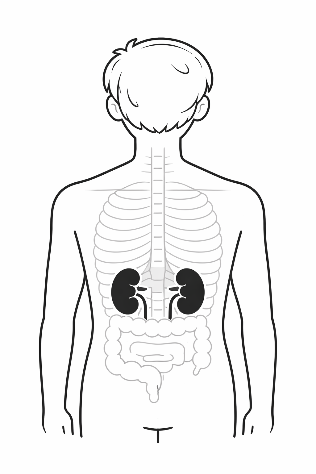 Kidneys Location Diagram showing the kidneys' position high on the back below the rib cage